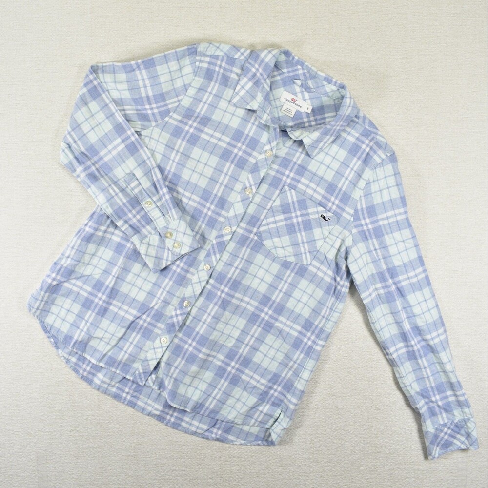 Vineyard Vines Womens 8 Blue White Plaid Flannel Button Down Shirt Top Blouse M